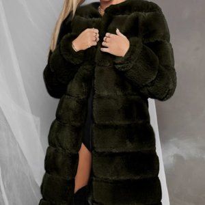 LONGLINE PANEL FAUX FUR COAT IN KHAKI Size SMALL